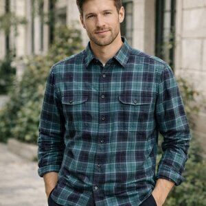 Hugo Boss Cadetto Flannel Shirt Mens L Green Heritage Plaid Pockets Roll Tab